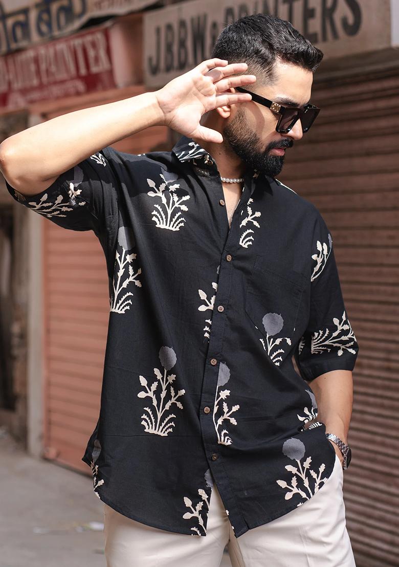 Green Printed Cotton Shirt For Men