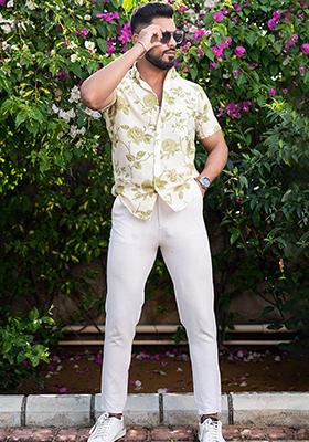 Green Printed Cotton Shirt For Men