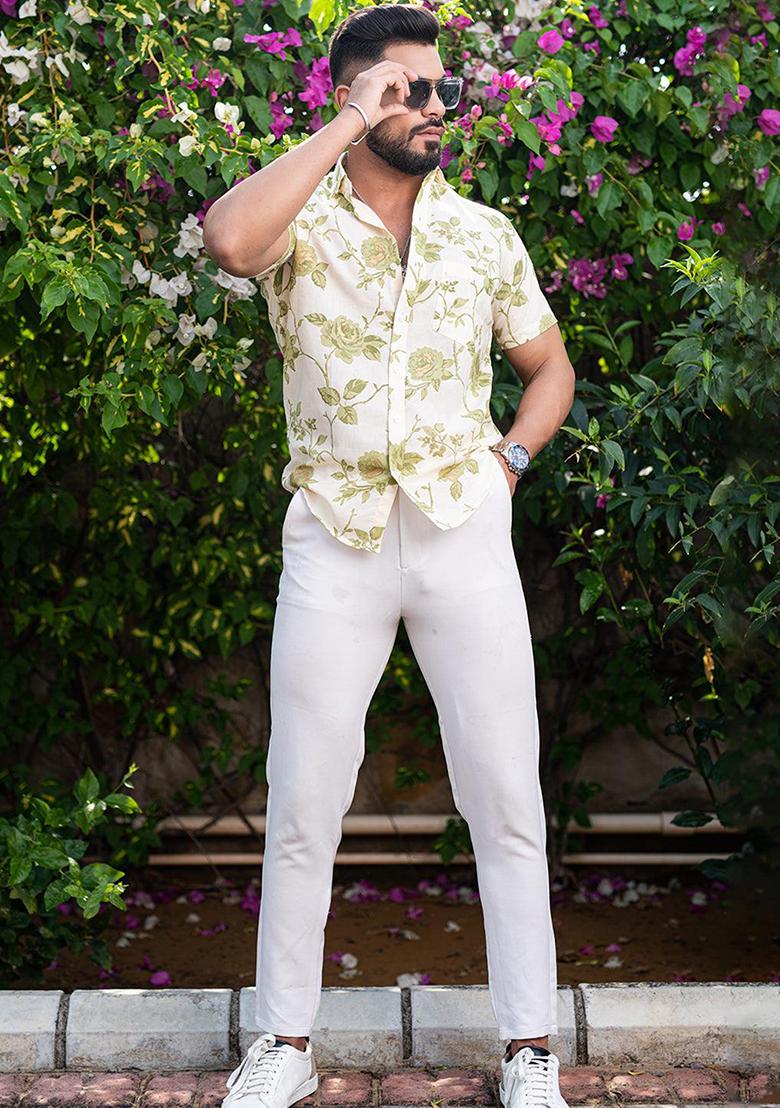 Green Printed Cotton Shirt For Men