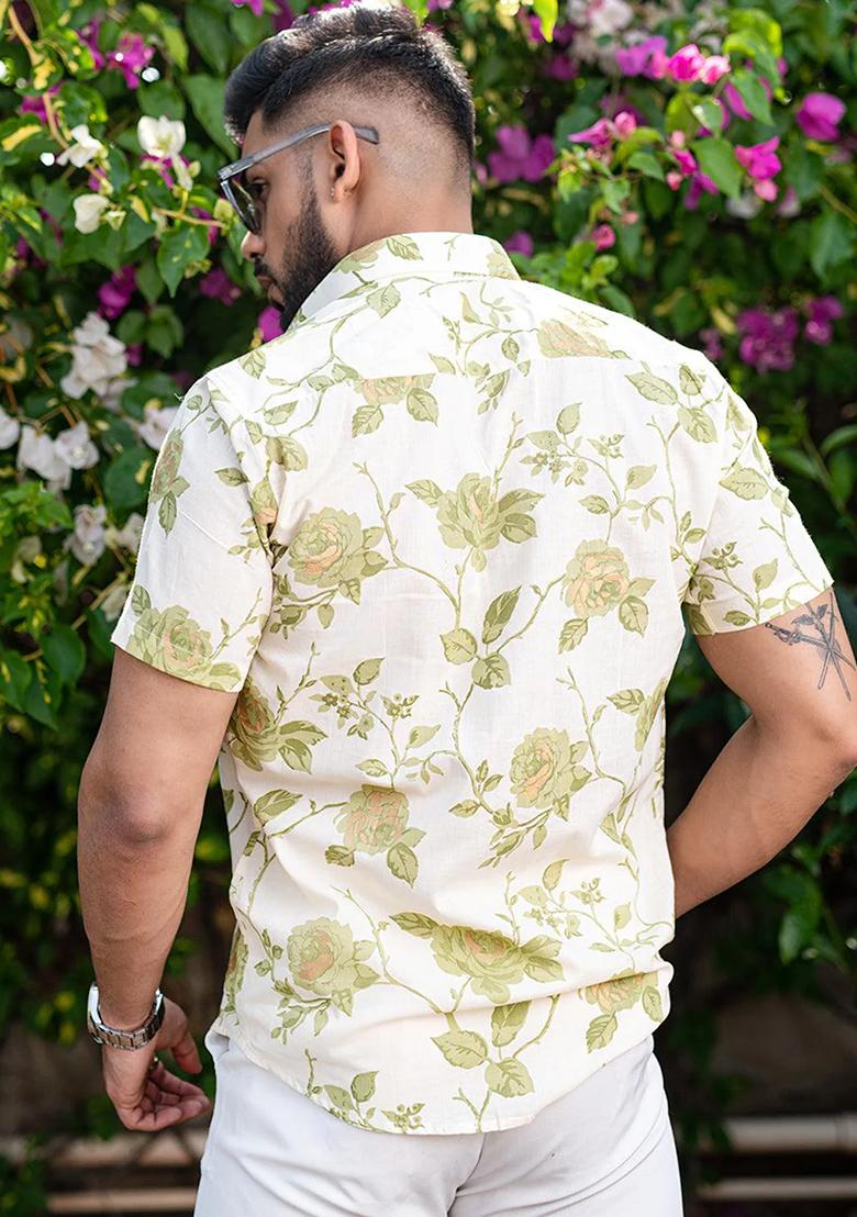 Green Printed Cotton Shirt For Men