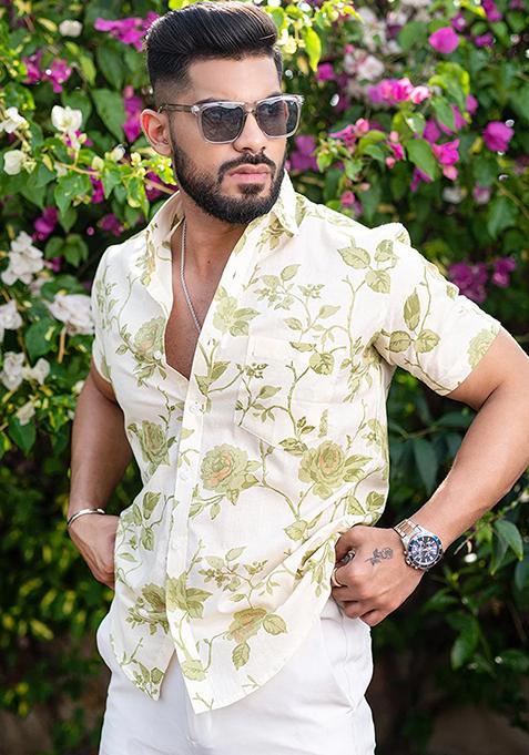 Green Printed Cotton Shirt For Men