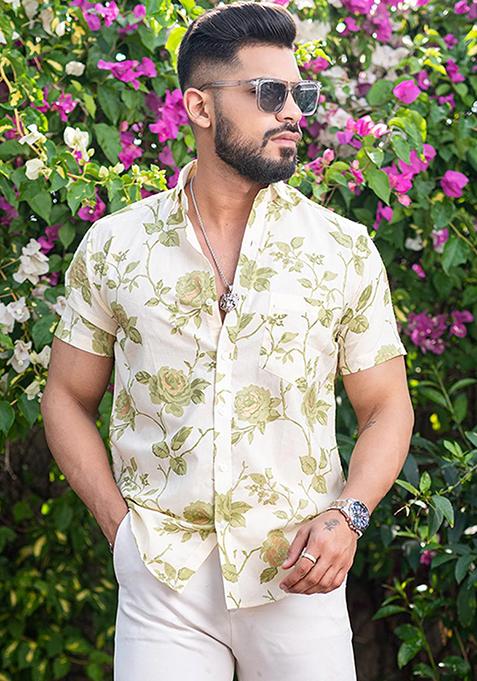 Green Printed Cotton Shirt For Men