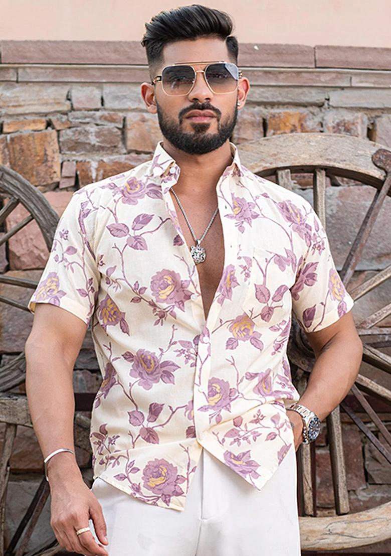 Pink Printed Cotton Shirt For Men