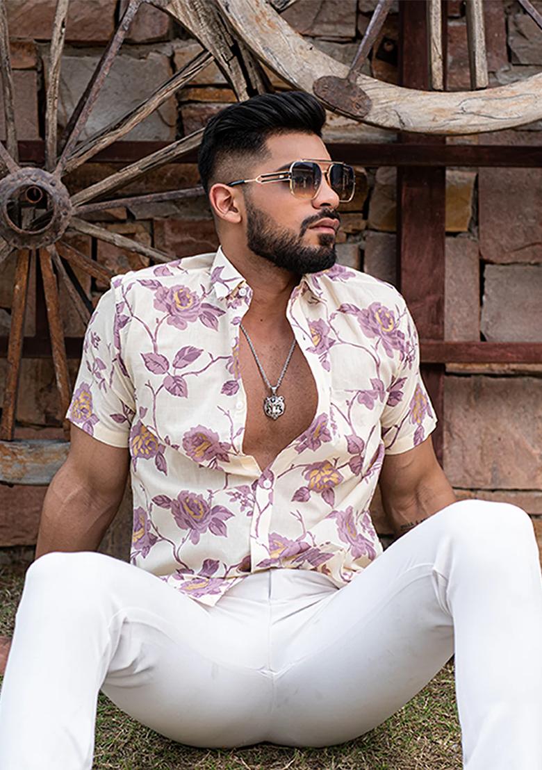 Pink Printed Cotton Shirt For Men