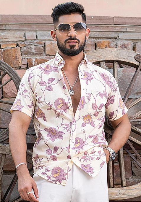 Pink Printed Cotton Shirt For Men