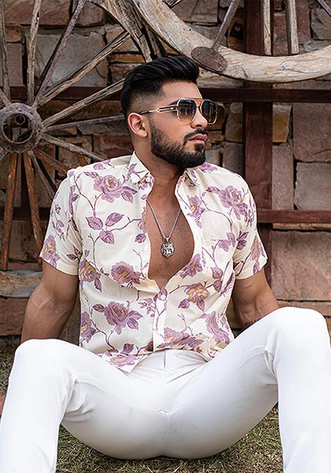 Pink Printed Cotton Shirt For Men