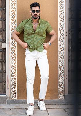 Green Printed Cotton Shirt For Men