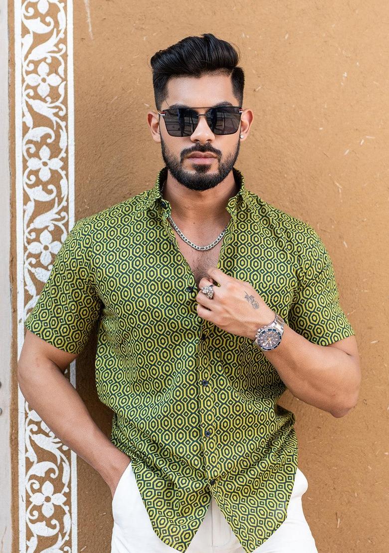 Green Printed Cotton Shirt For Men