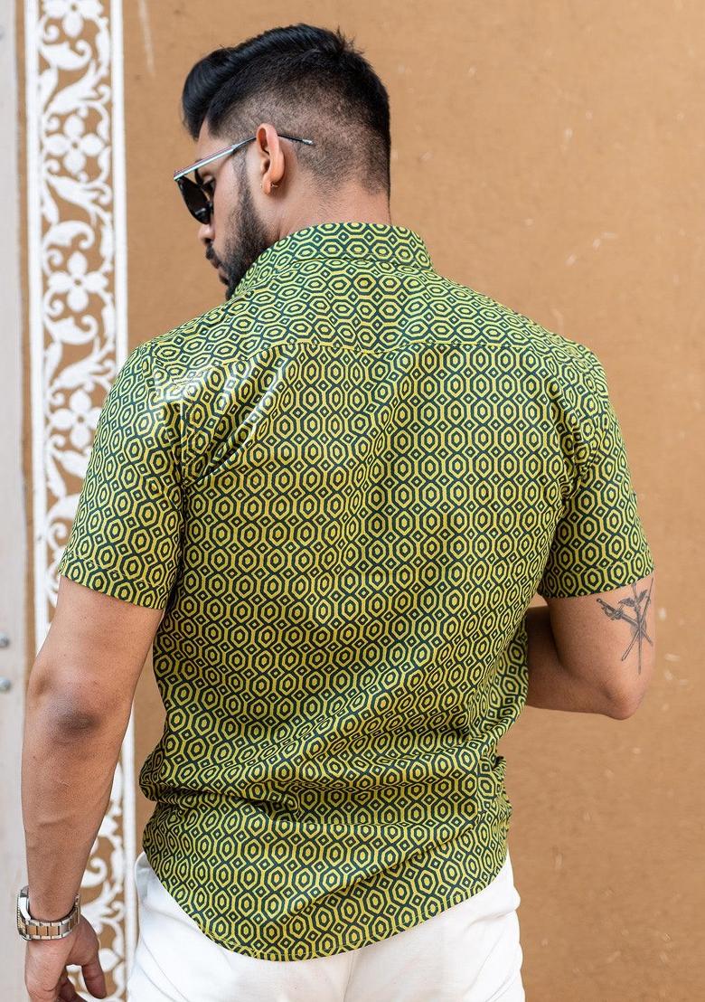 Green Printed Cotton Shirt For Men