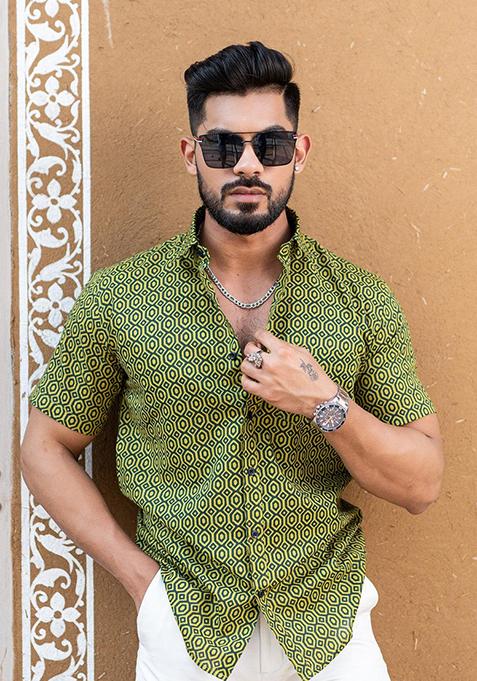 Green Printed Cotton Shirt For Men