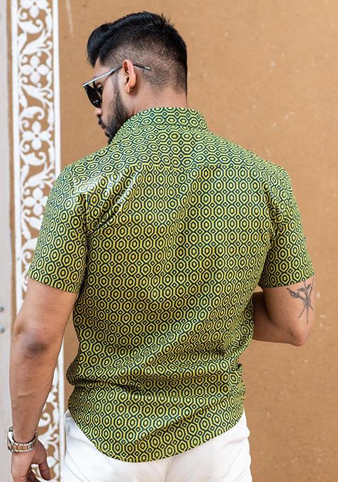 Green Printed Cotton Shirt For Men