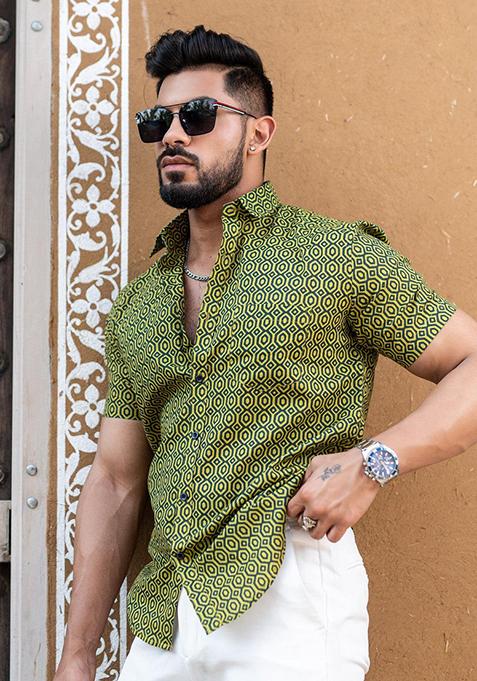 Green Printed Cotton Shirt For Men