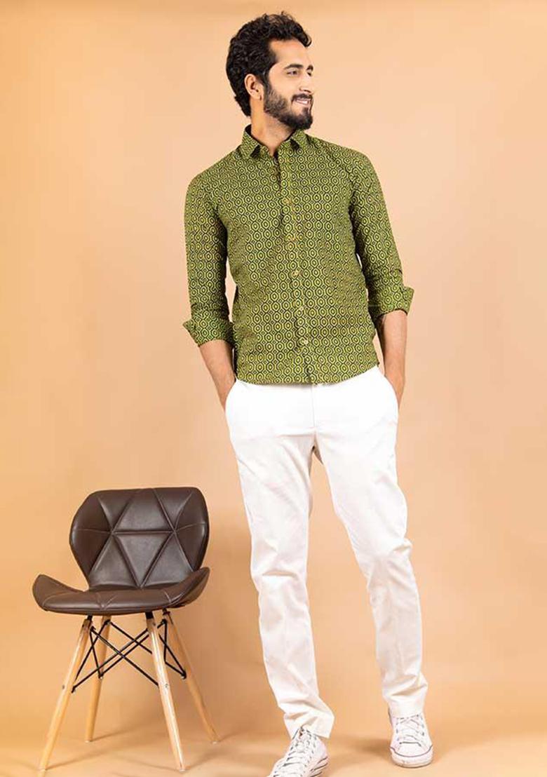 Green Printed Cotton Shirt For Men