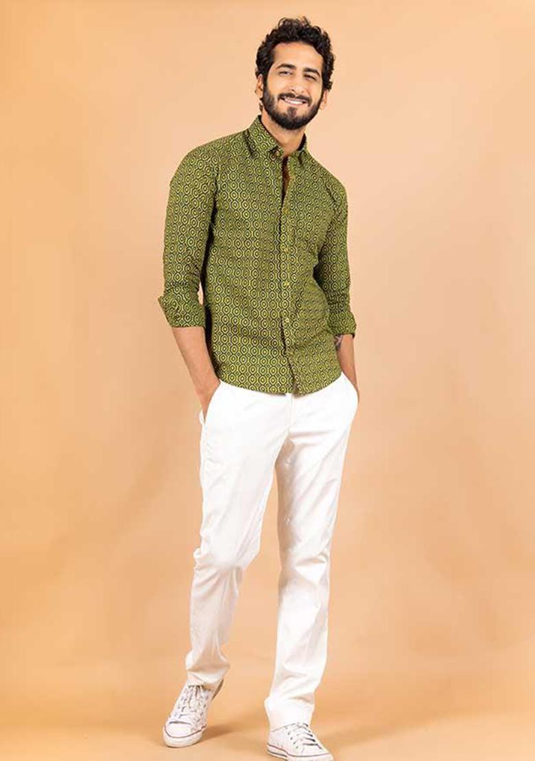 Green Printed Cotton Shirt For Men