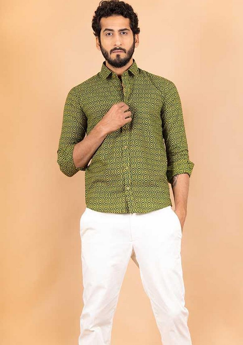 Green Printed Cotton Shirt For Men