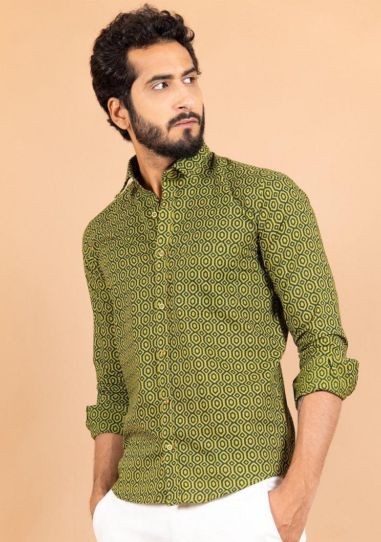 Green Printed Cotton Shirt For Men