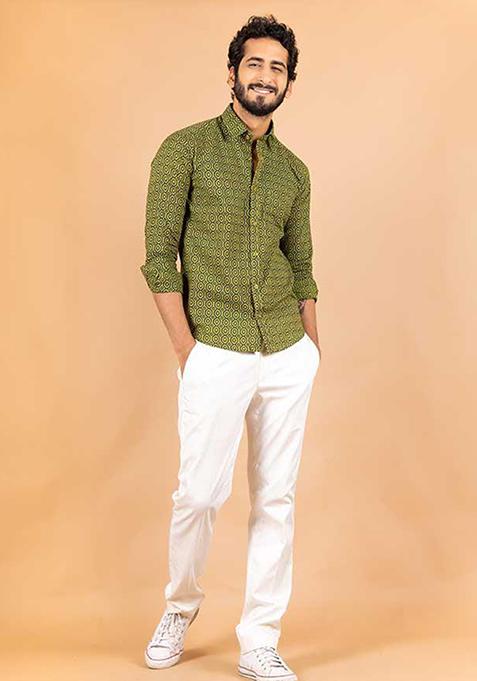 Green Printed Cotton Shirt For Men