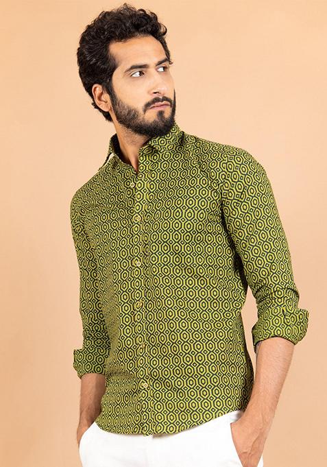 Green Printed Cotton Shirt For Men