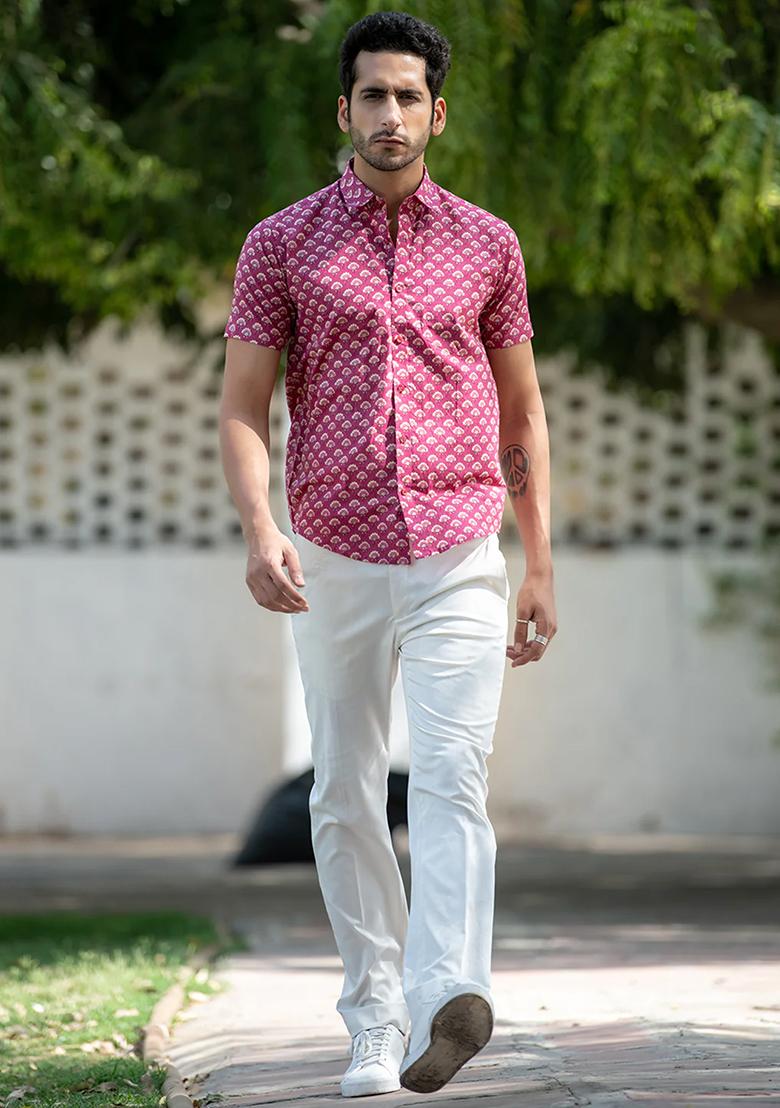 Pink Printed Cotton Shirt For Men