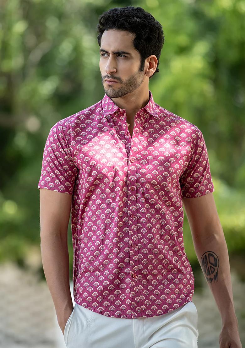 Pink Printed Cotton Shirt For Men