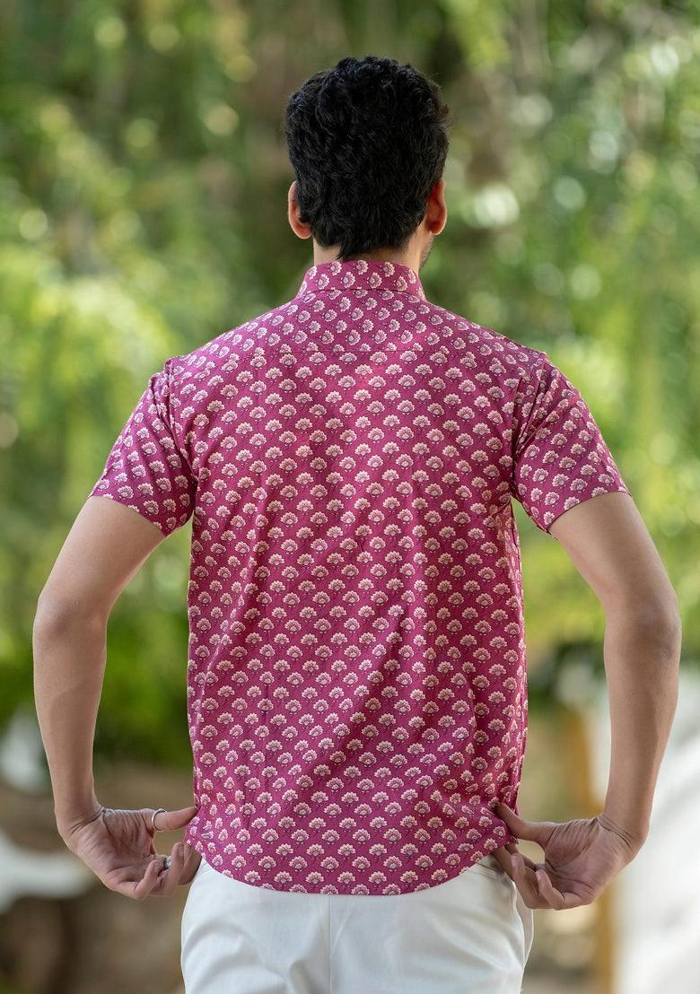 Pink Printed Cotton Shirt For Men