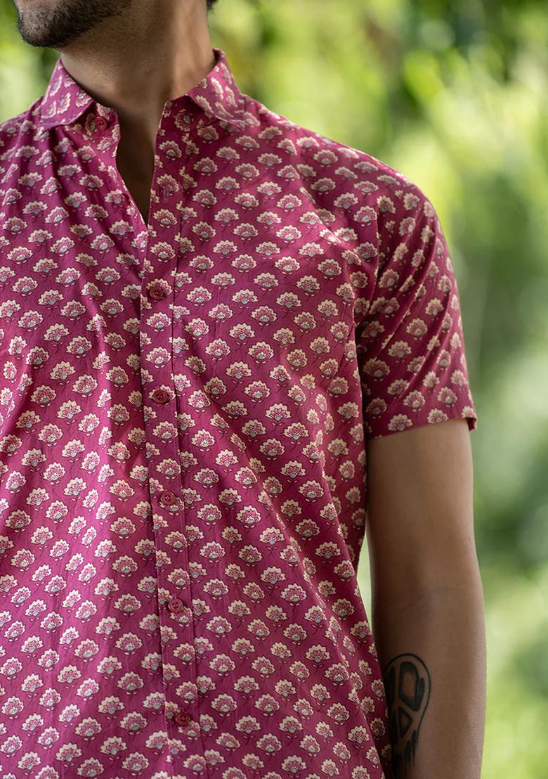 Pink Printed Cotton Shirt For Men