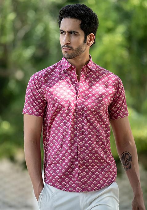Pink Printed Cotton Shirt For Men