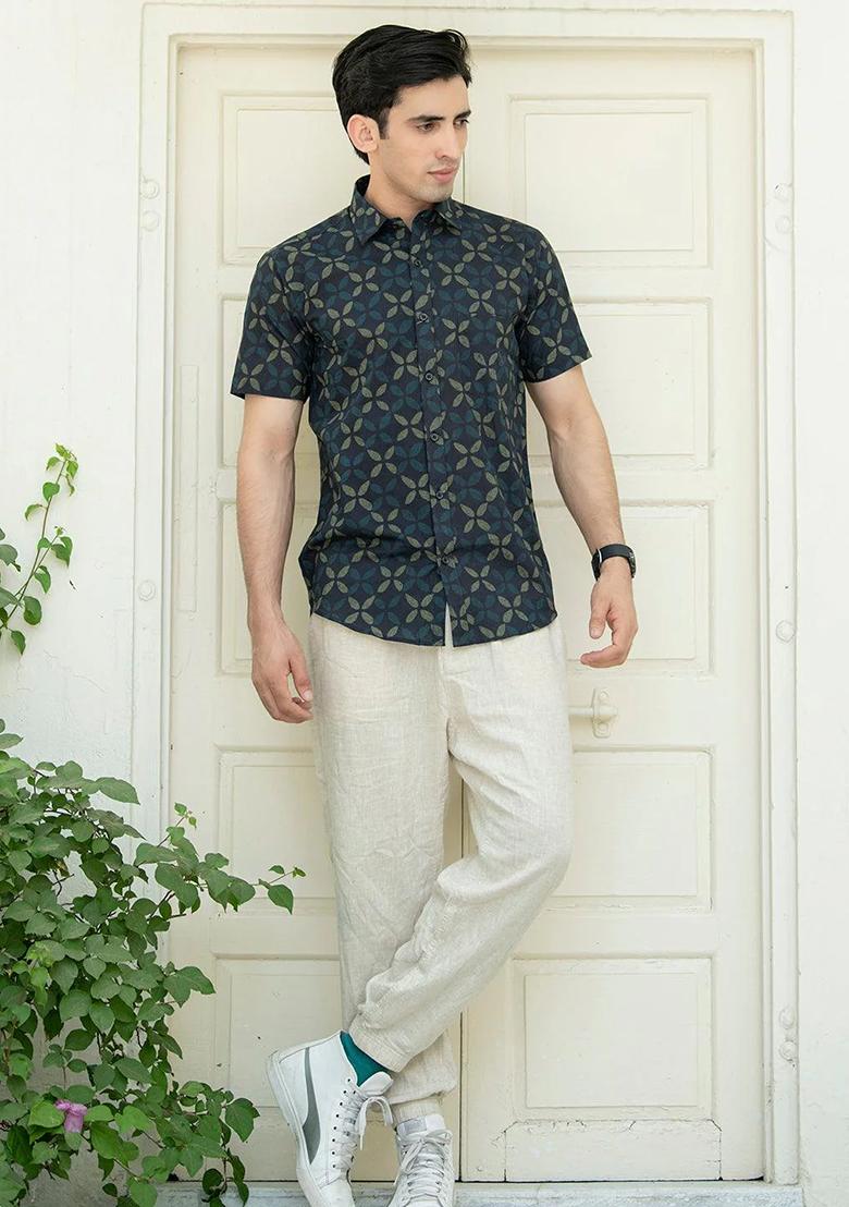 Blue Printed Cotton Shirt For Men