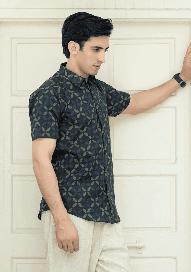 Blue Printed Cotton Shirt For Men