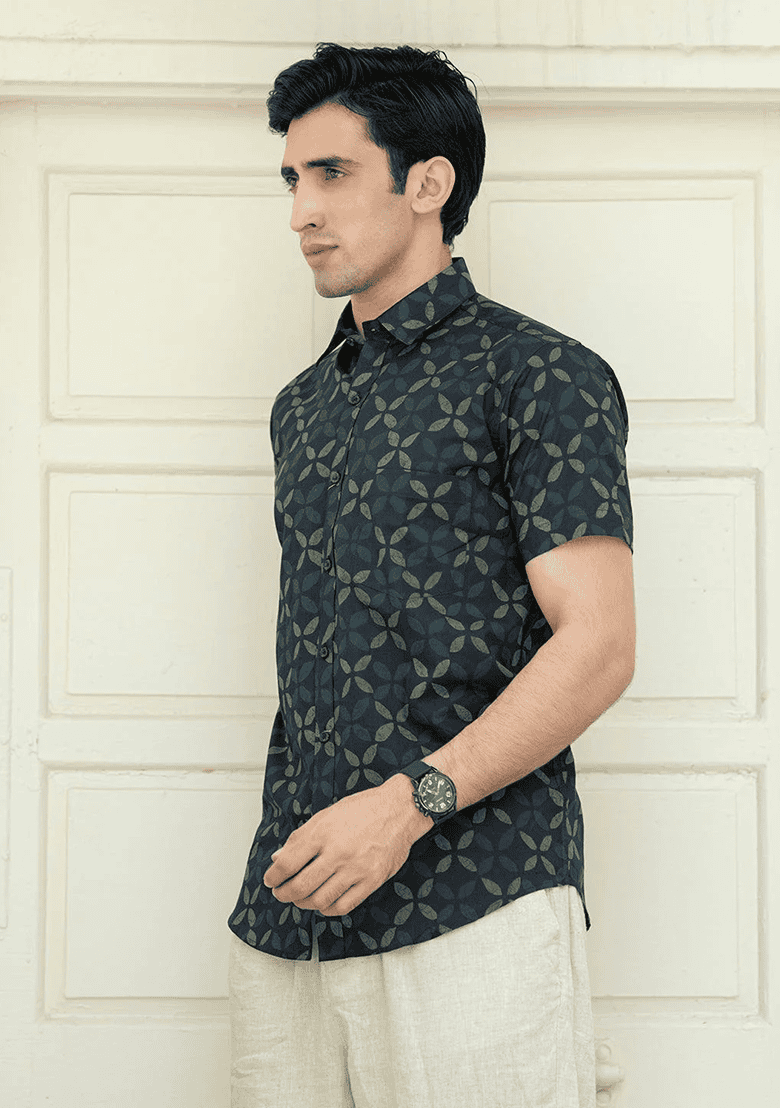 Blue Printed Cotton Shirt For Men