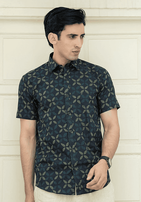 Blue Printed Cotton Shirt For Men