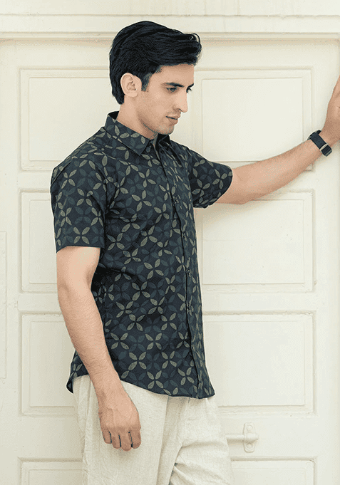 Blue Printed Cotton Shirt For Men