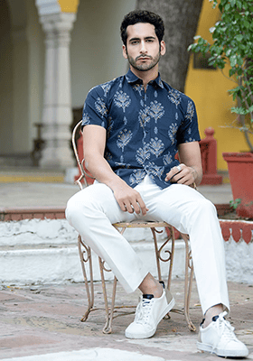 Blue Printed Cotton Shirt For Men