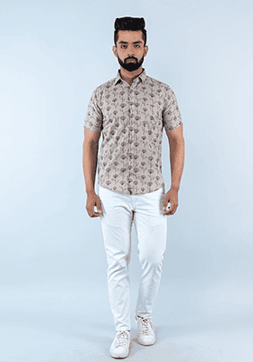 Beige Printed Cotton Shirt For Men