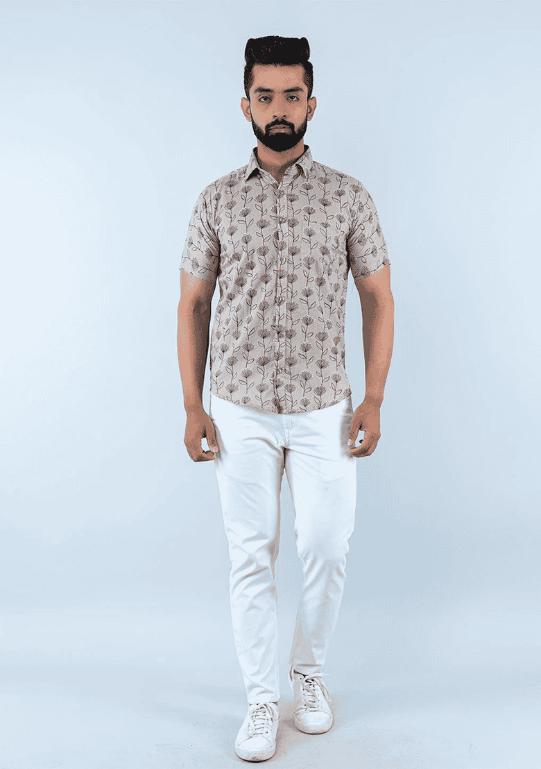Beige Printed Cotton Shirt For Men - Indya