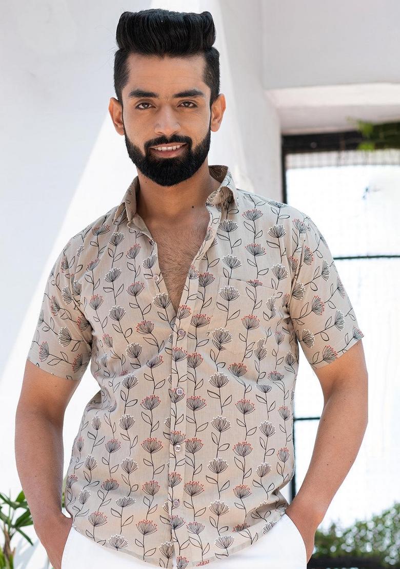 Beige Printed Cotton Shirt For Men - Indya