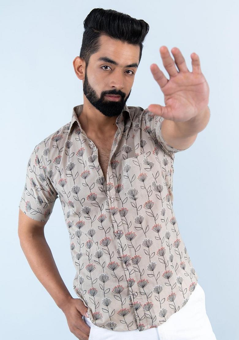Beige Printed Cotton Shirt For Men - Indya