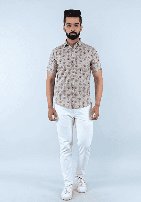 Beige Printed Cotton Shirt For Men