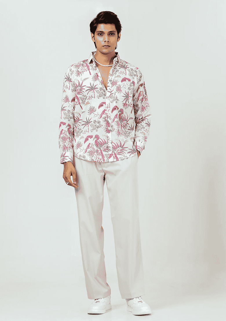 Light Pink Printed Cotton Shirt For Men - Indya