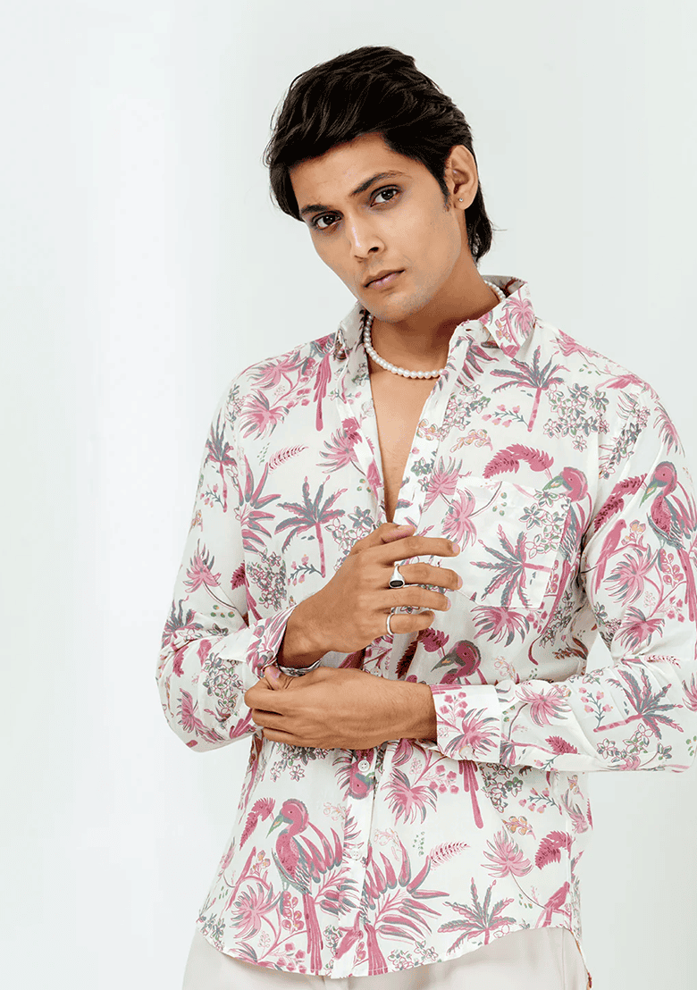Light Pink Printed Cotton Shirt For Men - Indya