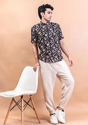 Black Printed Cotton Shirt For Men