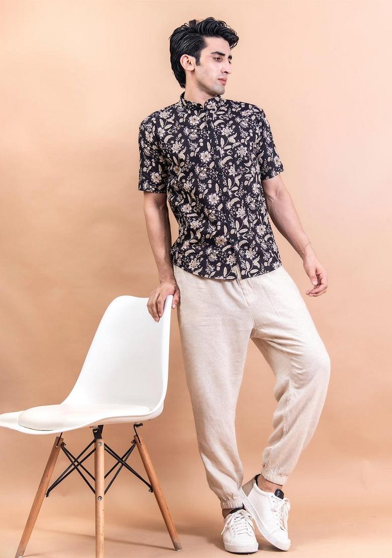 Black Printed Cotton Shirt For Men