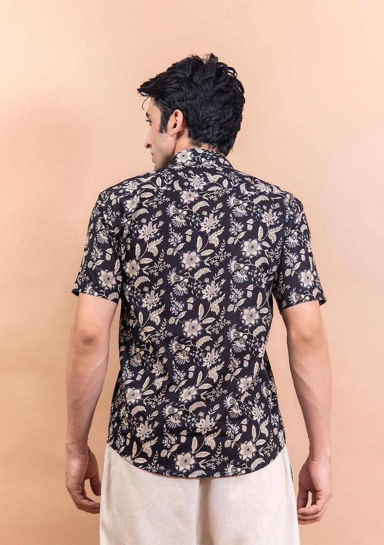 Black Printed Cotton Shirt For Men