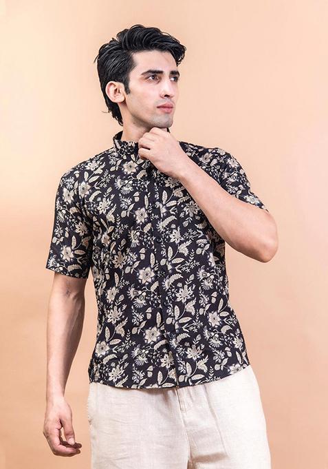 Black Printed Cotton Shirt For Men
