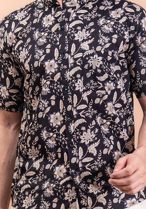 Black Printed Cotton Shirt For Men