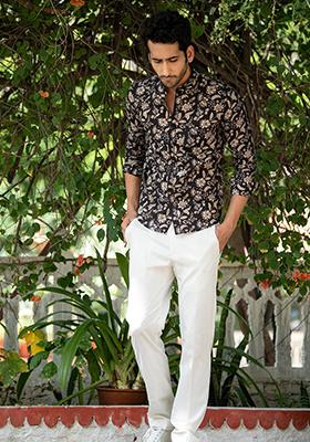 Black Printed Cotton Shirt For Men