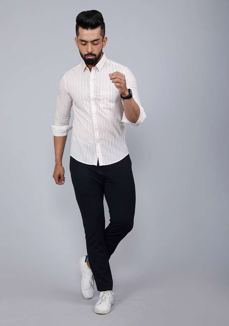 White Printed Cotton Shirt For Men - Indya