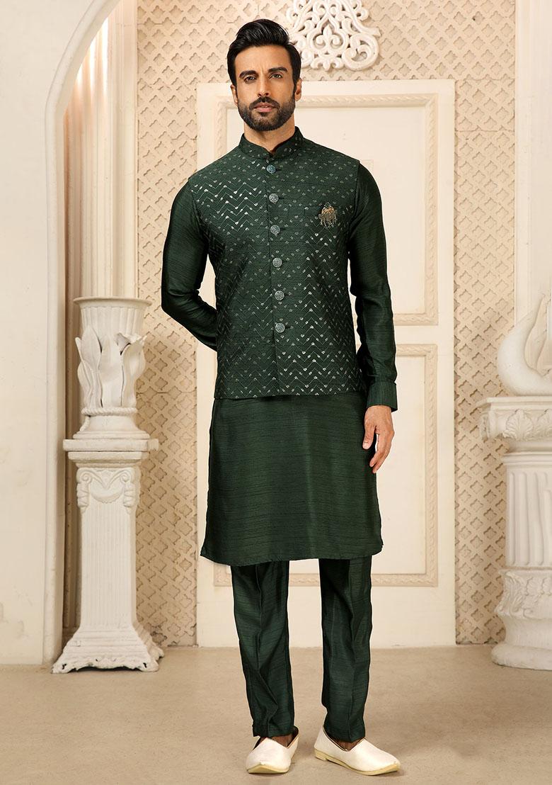 Green Sequence Embroidered Silk Kurta Set For Men