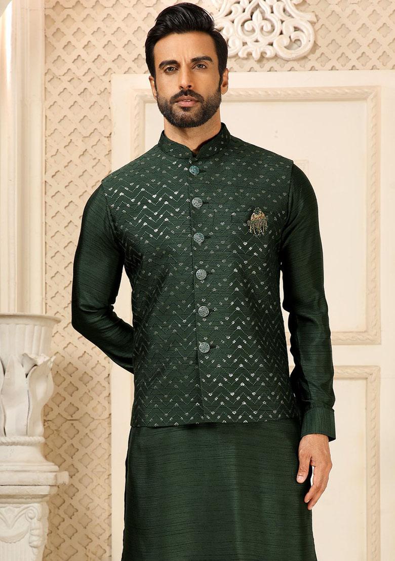 Green Sequence Embroidered Silk Kurta Set For Men