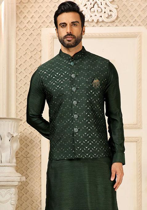 Green Sequence Embroidered Silk Kurta Set For Men